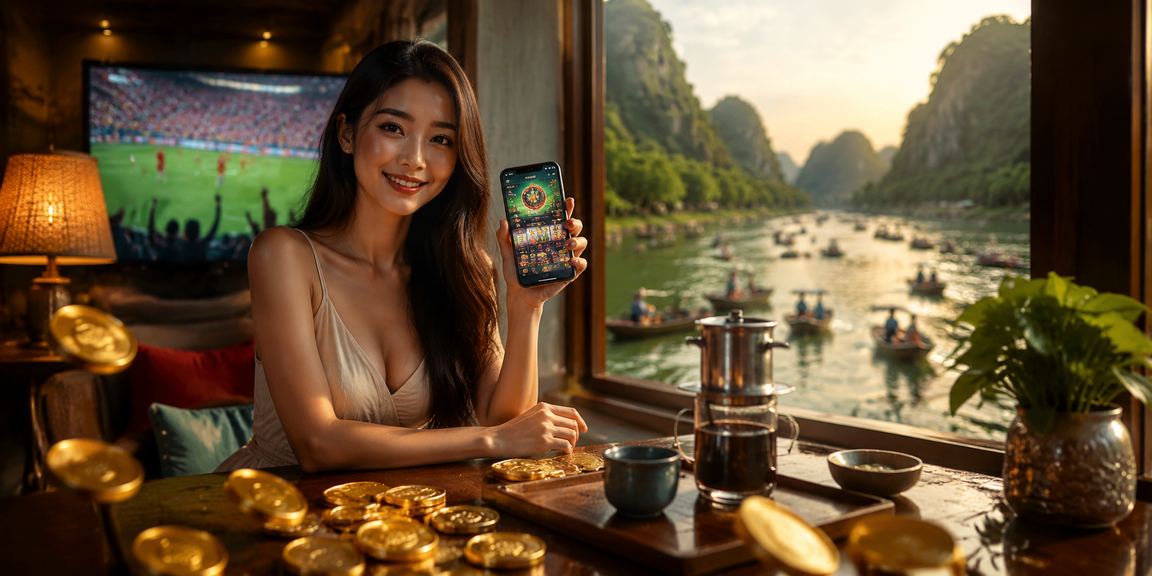 Người dùng tại Ninh Bình ngồi quán cà phê thực hiện giao dịch nạp tiền trên điện thoại
